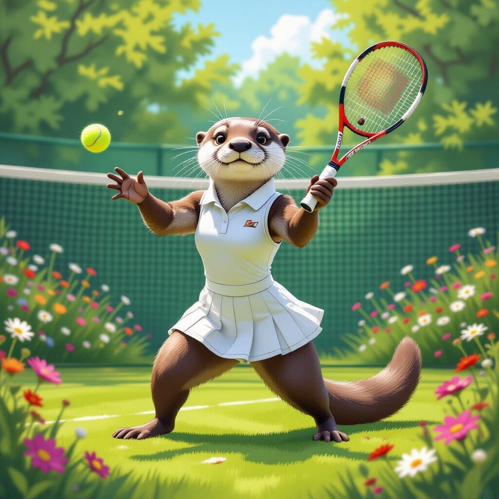 Anthropomorphic Otter Plays Tennis in Oil Painting Style