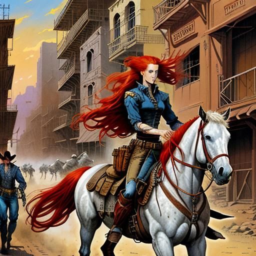 Red-Haired Cowgirl Rides in Western Comic Art