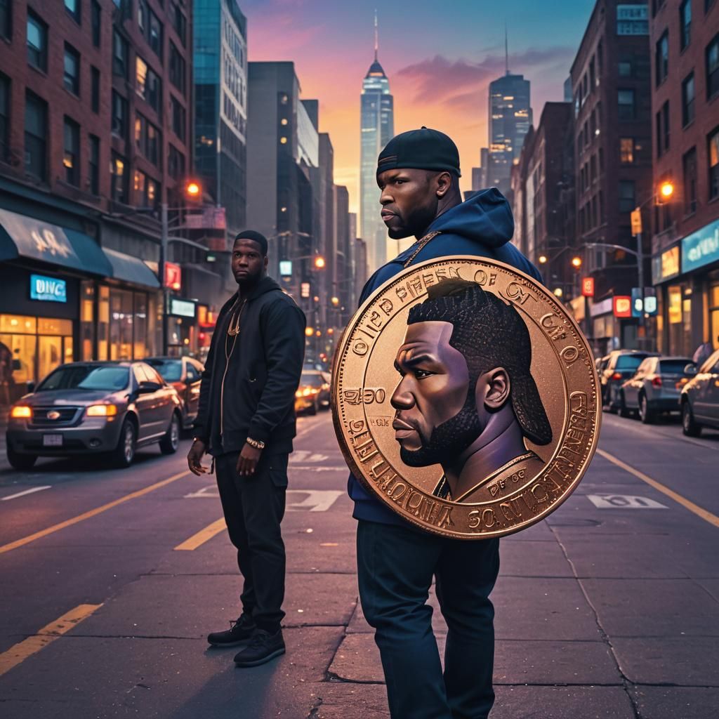 50 Cent as Copper Coin in Cityscape