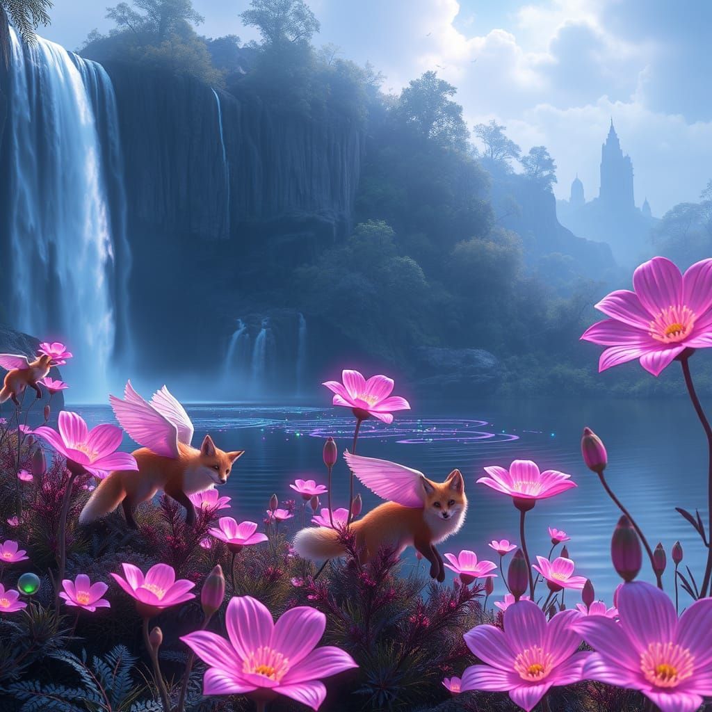 Bioluminescent Lake with Winged Foxes, WLOP Style