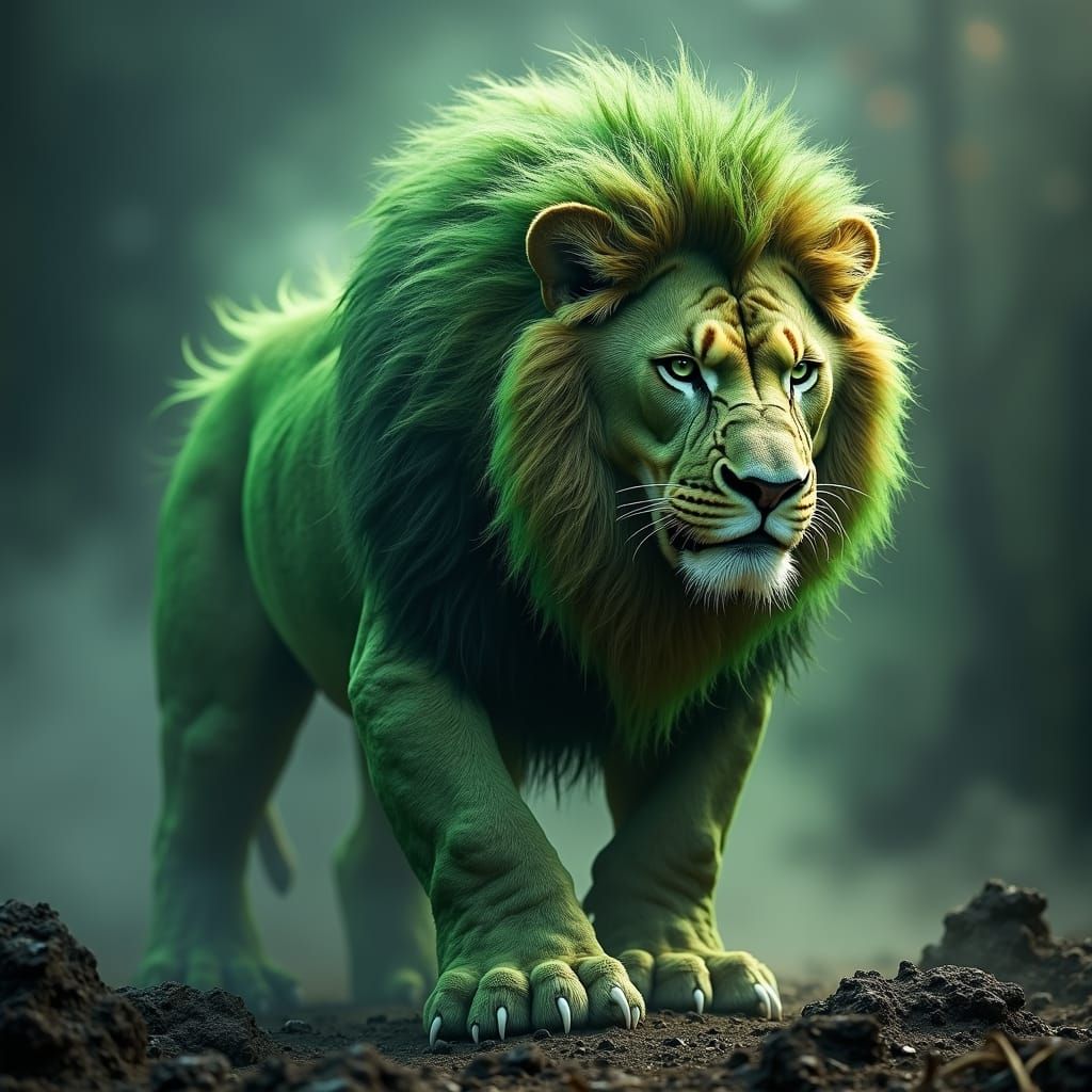 Hyperrealistic Hulk Lion Fusion with Intricate Details