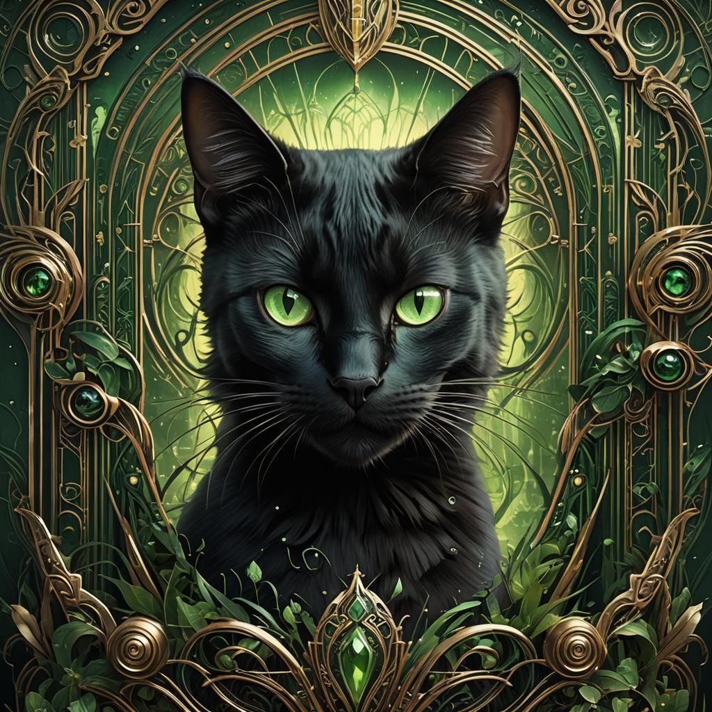 Art Deco Black Cat with Green Eyes