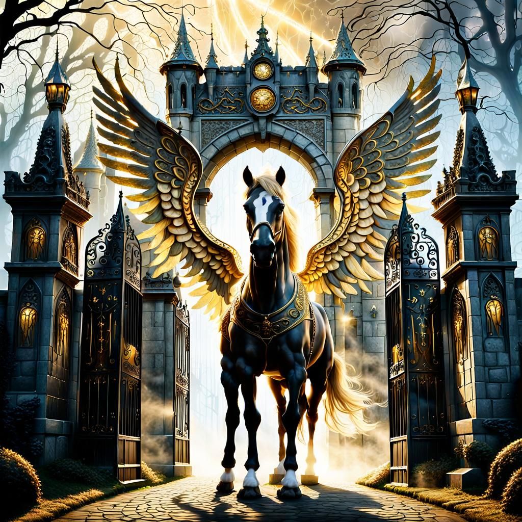 Winged Horse at Camelot in Dreamlike Fantasy Art