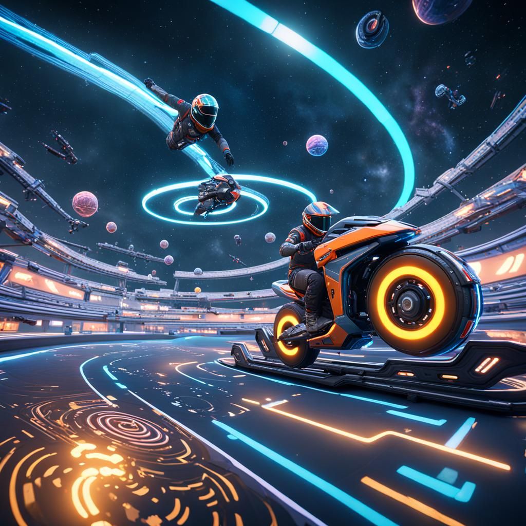 Futuristic Hoverbike Race on Psychedelic Spiral Racetrack