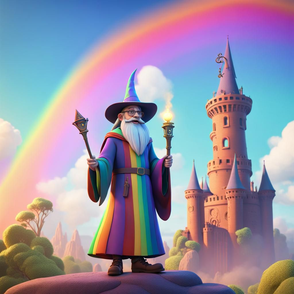 Rainbow Wizard in Tower: 3D Digital Art