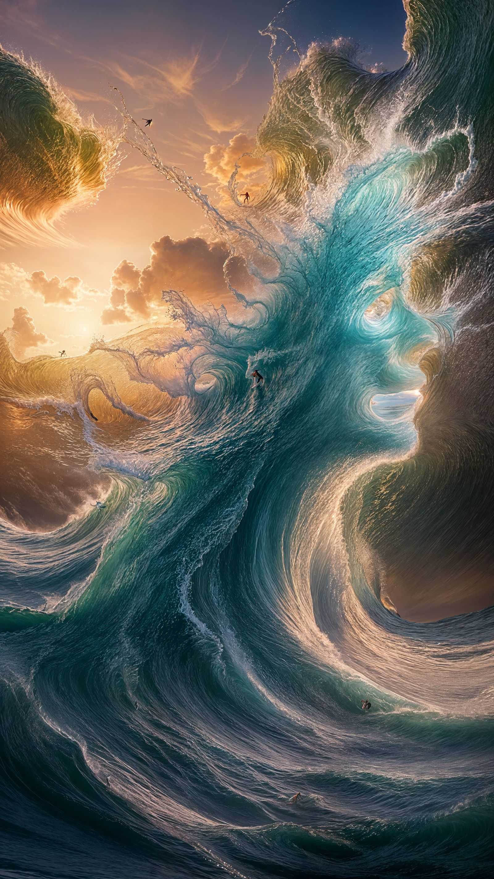 Mind Waves in a Digital Ocean at Sunset