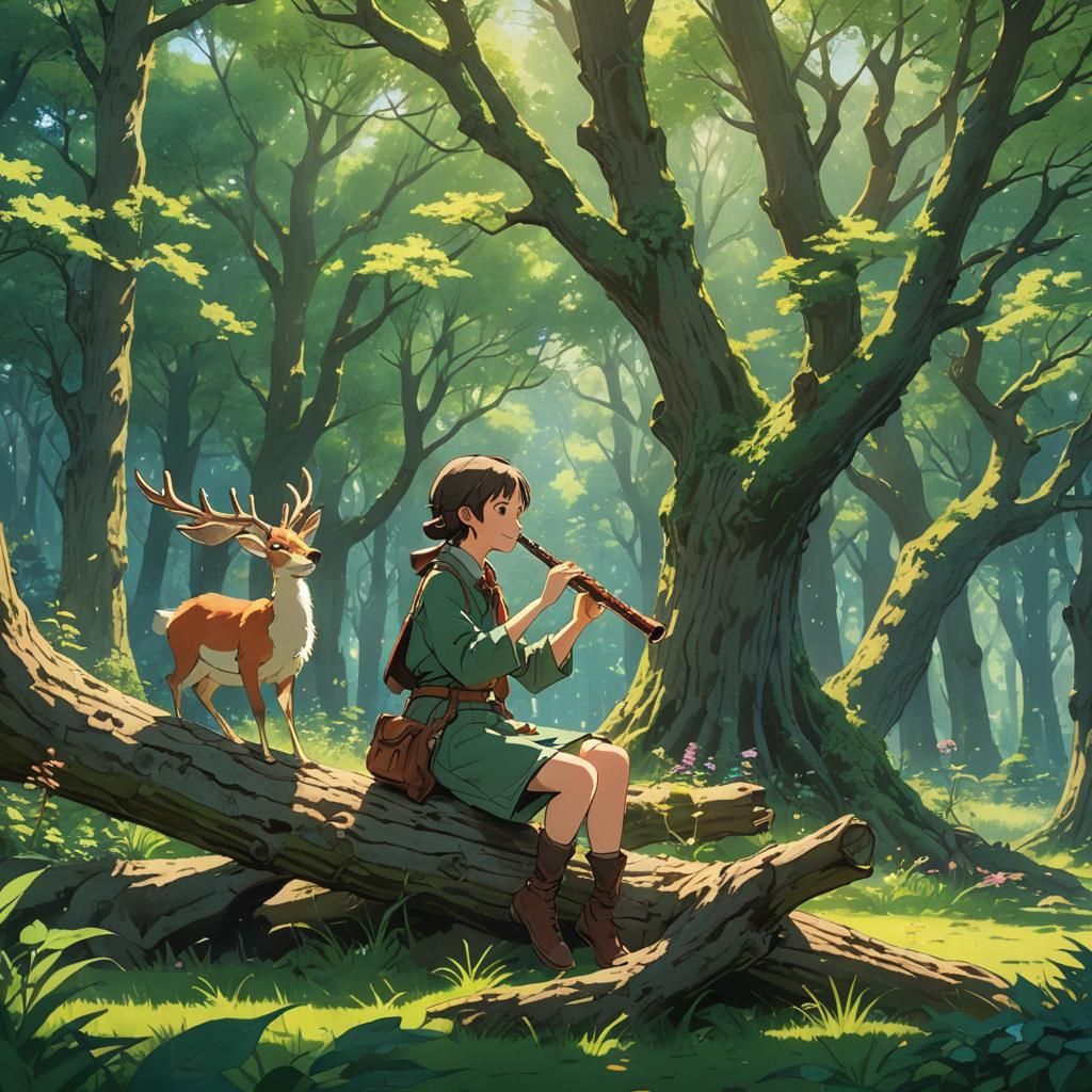 Anime Bard in Spring Forest, Ghibli Style