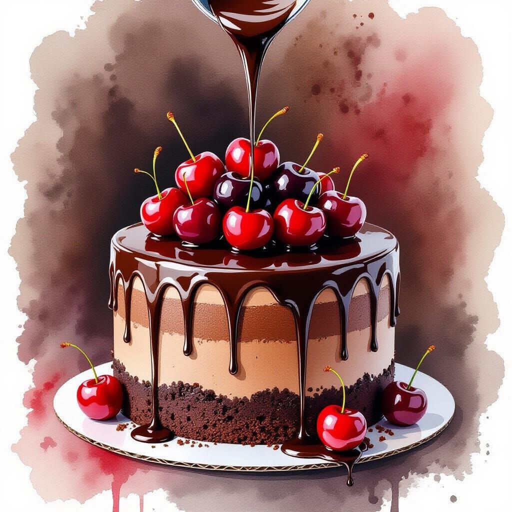 Decadent Chocolate Cake in Watercolor Illustration
