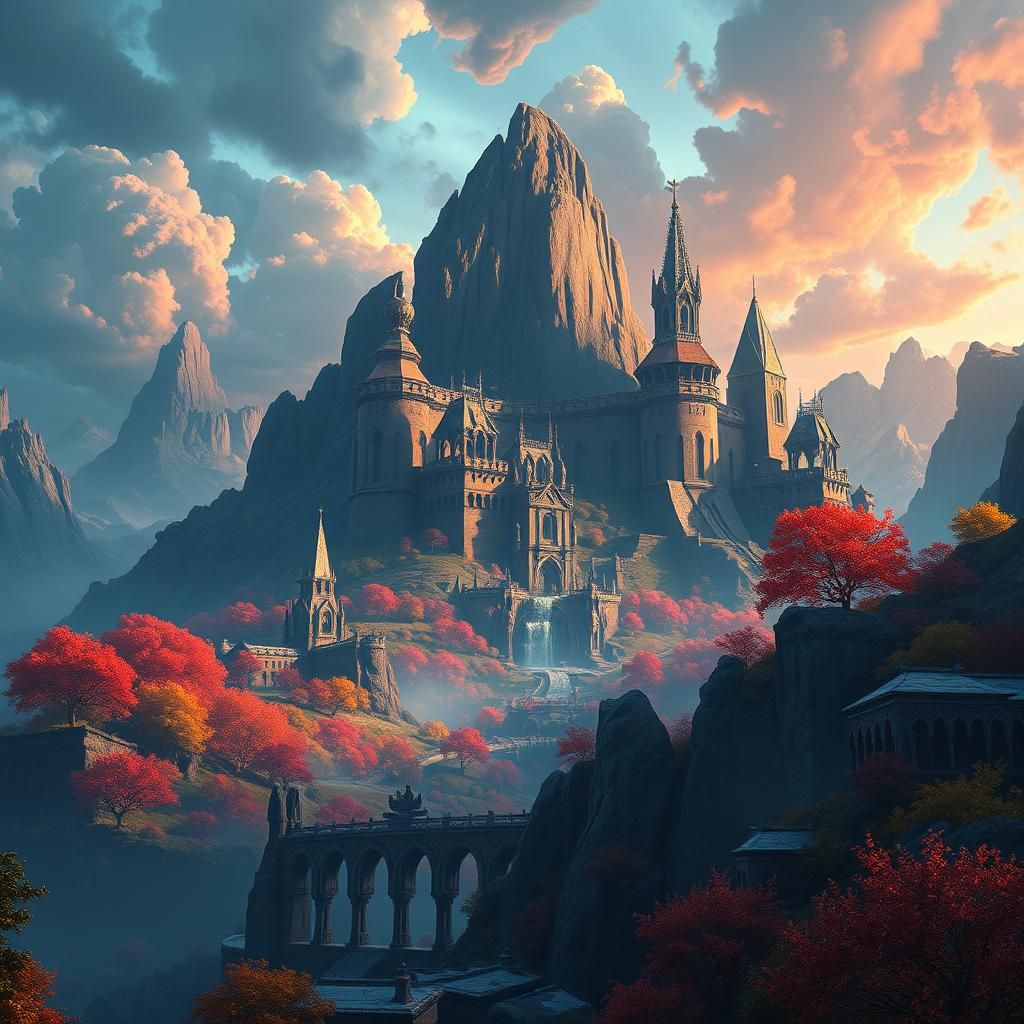 Vibrant Fantasy Landscape with Pixelated Retro Aesthetic