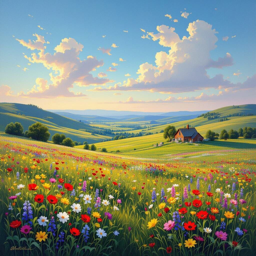Vibrant Wildflower Field at Golden Hour Landscape Painting