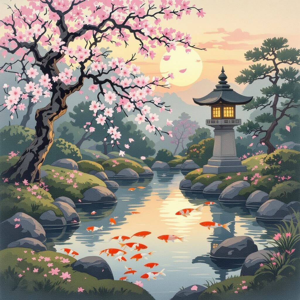 Serene Japanese Garden at Dawn in Ukiyo-e Style