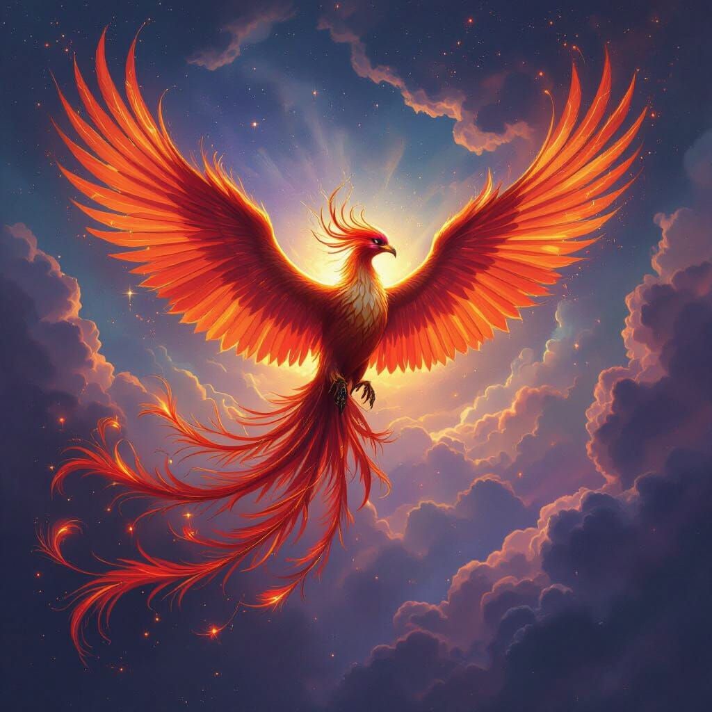 Crimson Phoenix Soars Through Celestial Sky