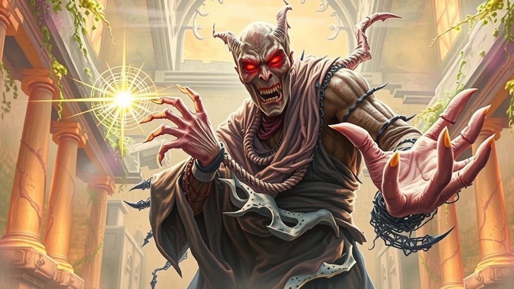 Gothic Demon Reaches for Ethereal Light in Ancient Temple