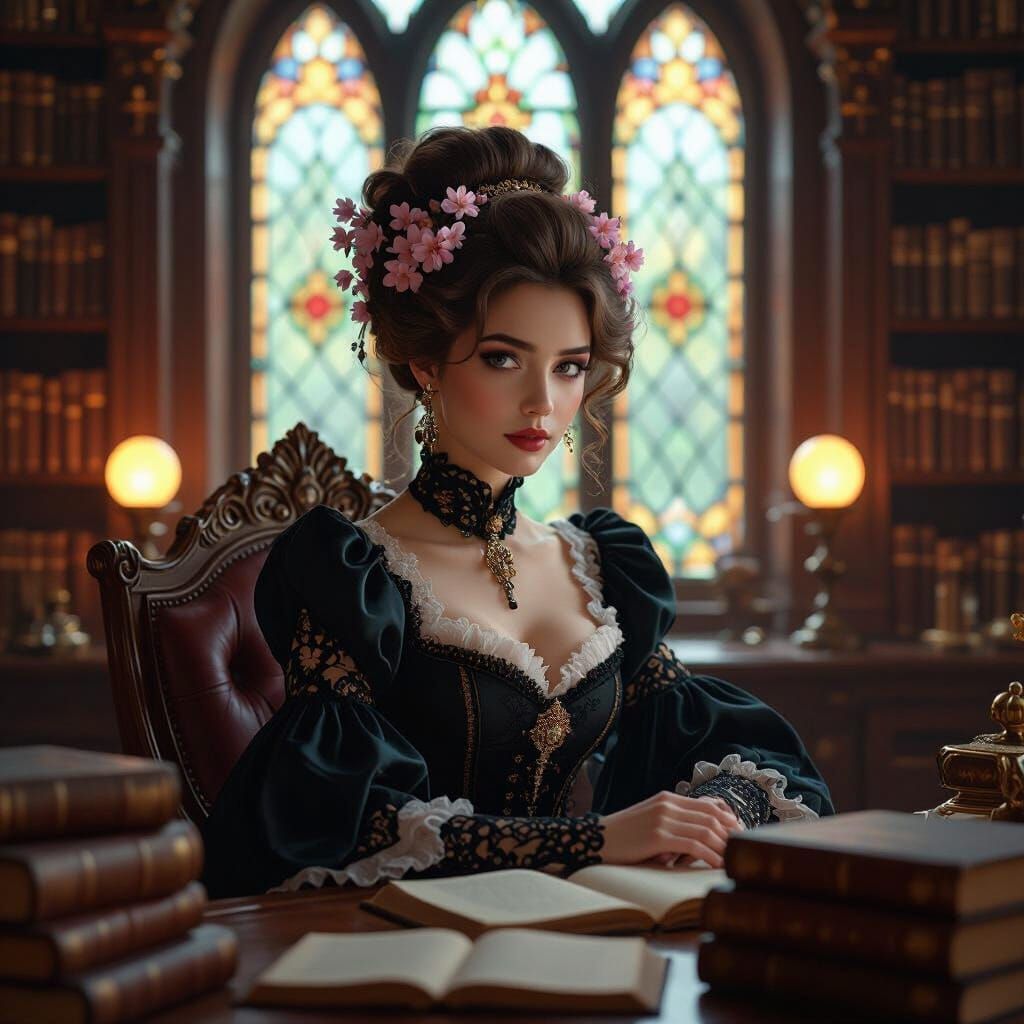 Victorian Lady with Cherry Blossoms in Opulent Library