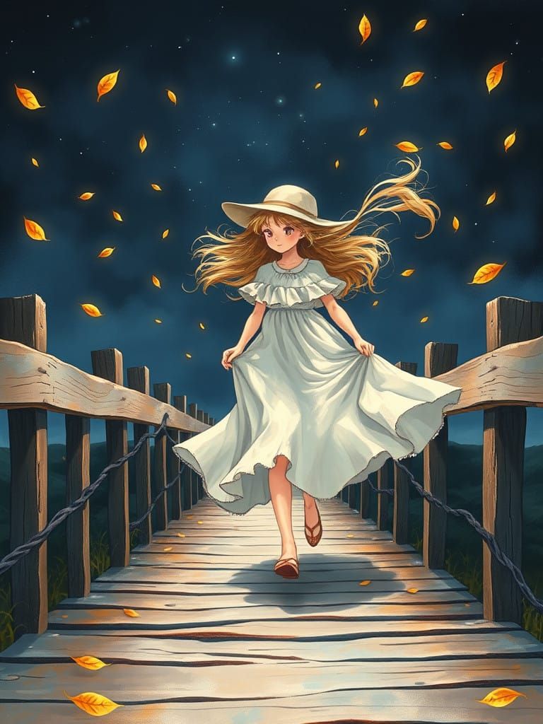 Girl Strides Across Weathered Bridge in Turbulent Wind