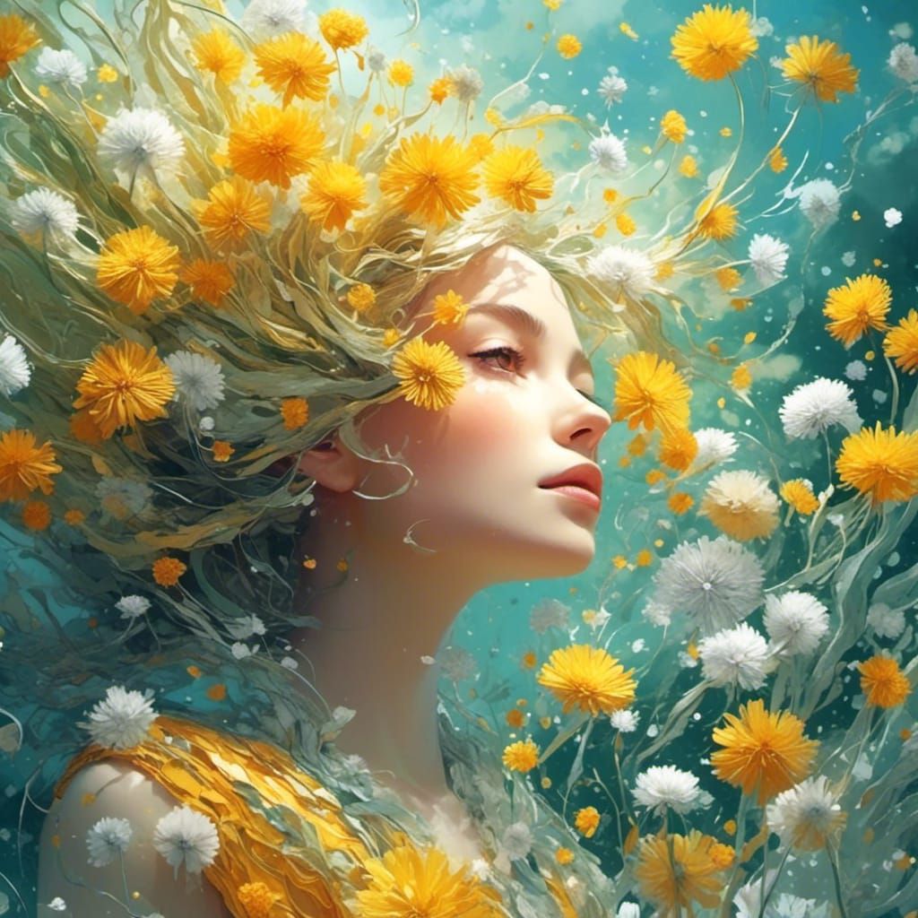 Dandelion Woman with Floral Hair in Quilling Style
