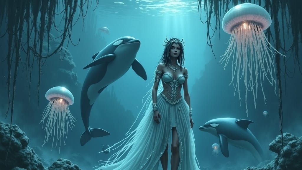 Jellyfish Princess in Underwater Palace, Digital Art