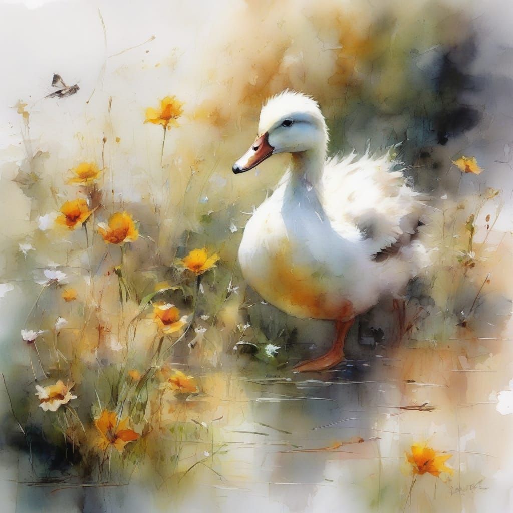 Playful Duckling in Vibrant River Garden
