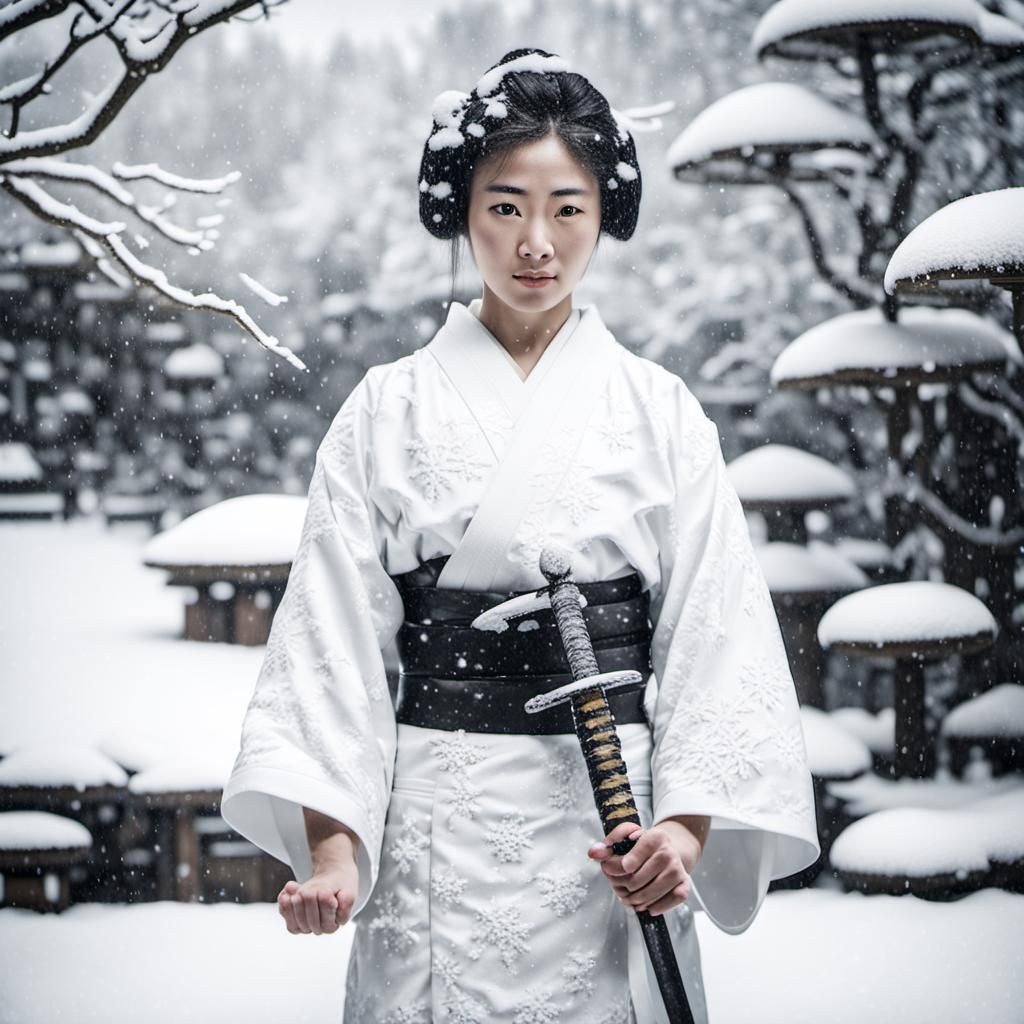 Woman with Sword in Snowy Japanese Garden