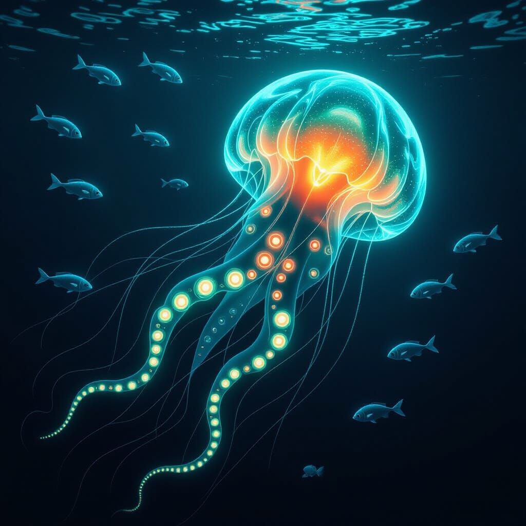 Bioluminescent Deep Sea Entity in Vintage Style