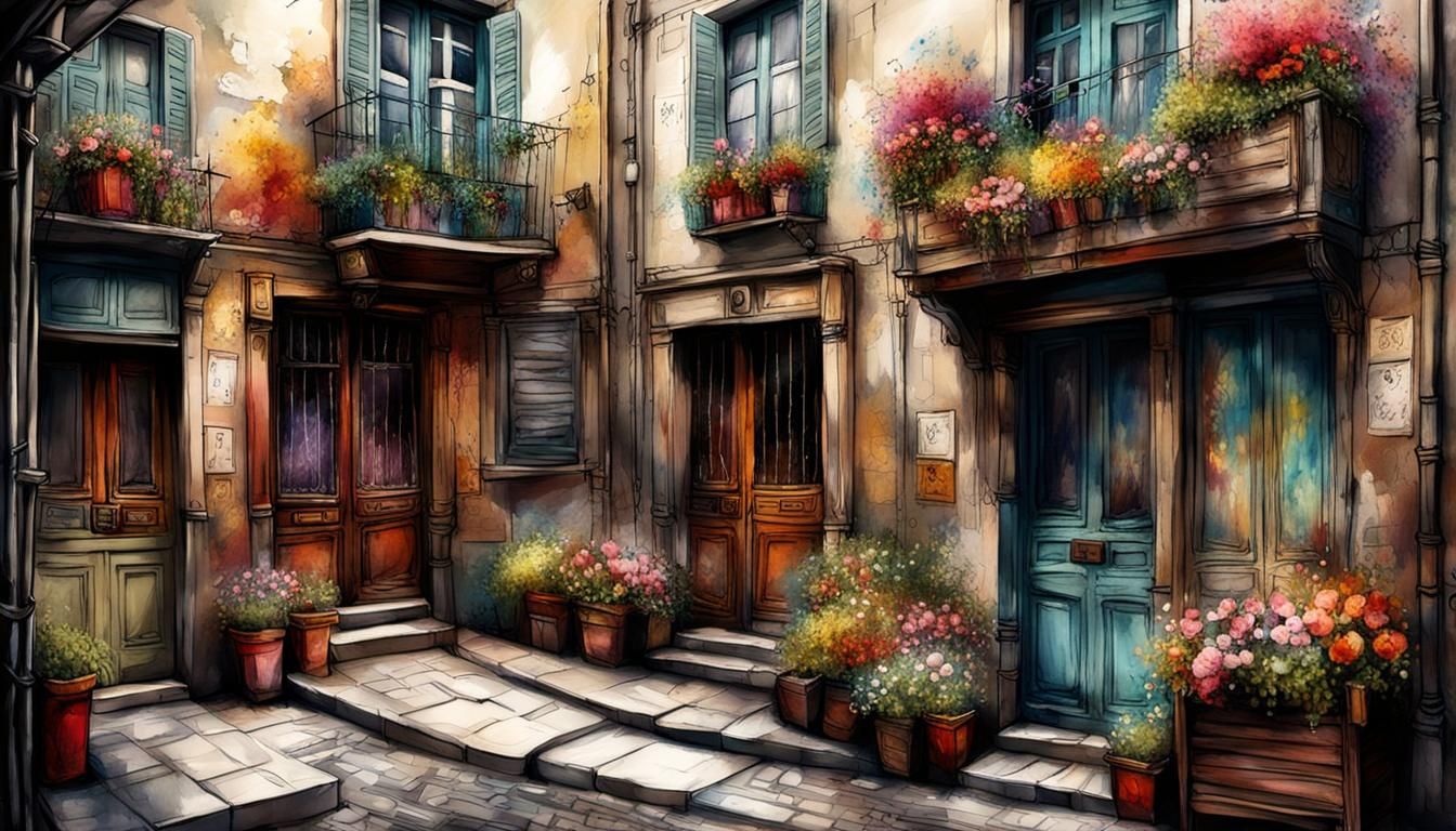 Charming Parisian Alley with Flowers, Watercolor Style