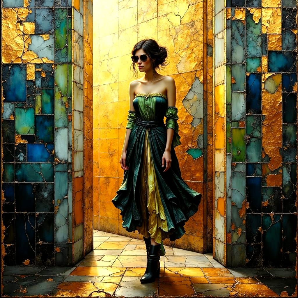 Stylish Woman in Gold Light, Impasto Painting