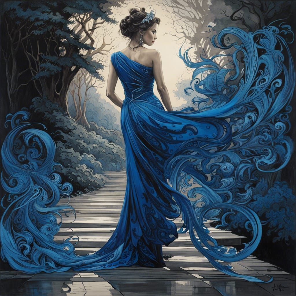 Elegant Lady on Pathway: Chrome Ink Flow