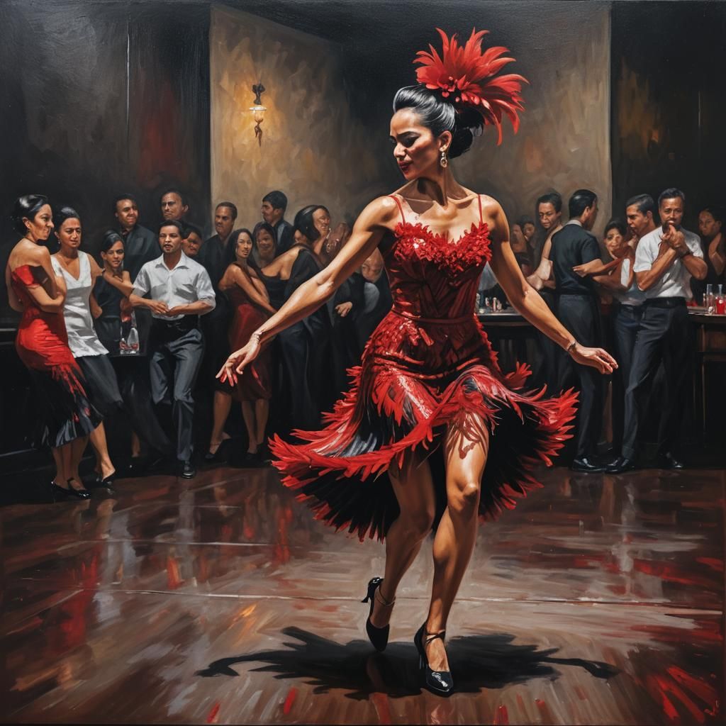 Latina Dancer in Red Feather Dress: Photorealistic Oil Paint...