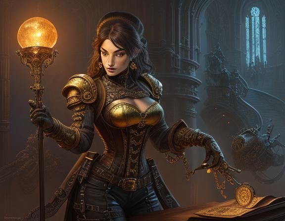 Jules Verne-inspired steampunk. Medium shot. A curvy, plus-s...