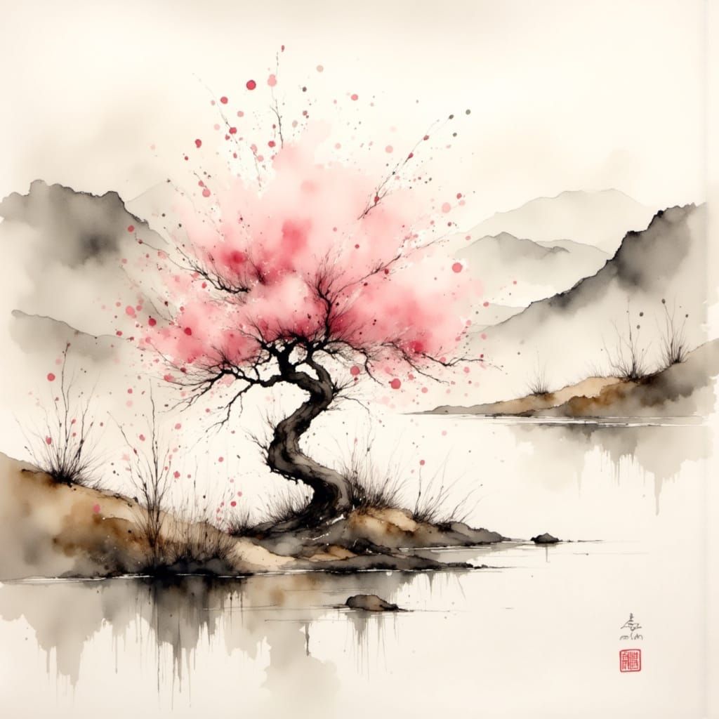 Lone Sakura Tree on Misty Mountain in Japanese Ink Style