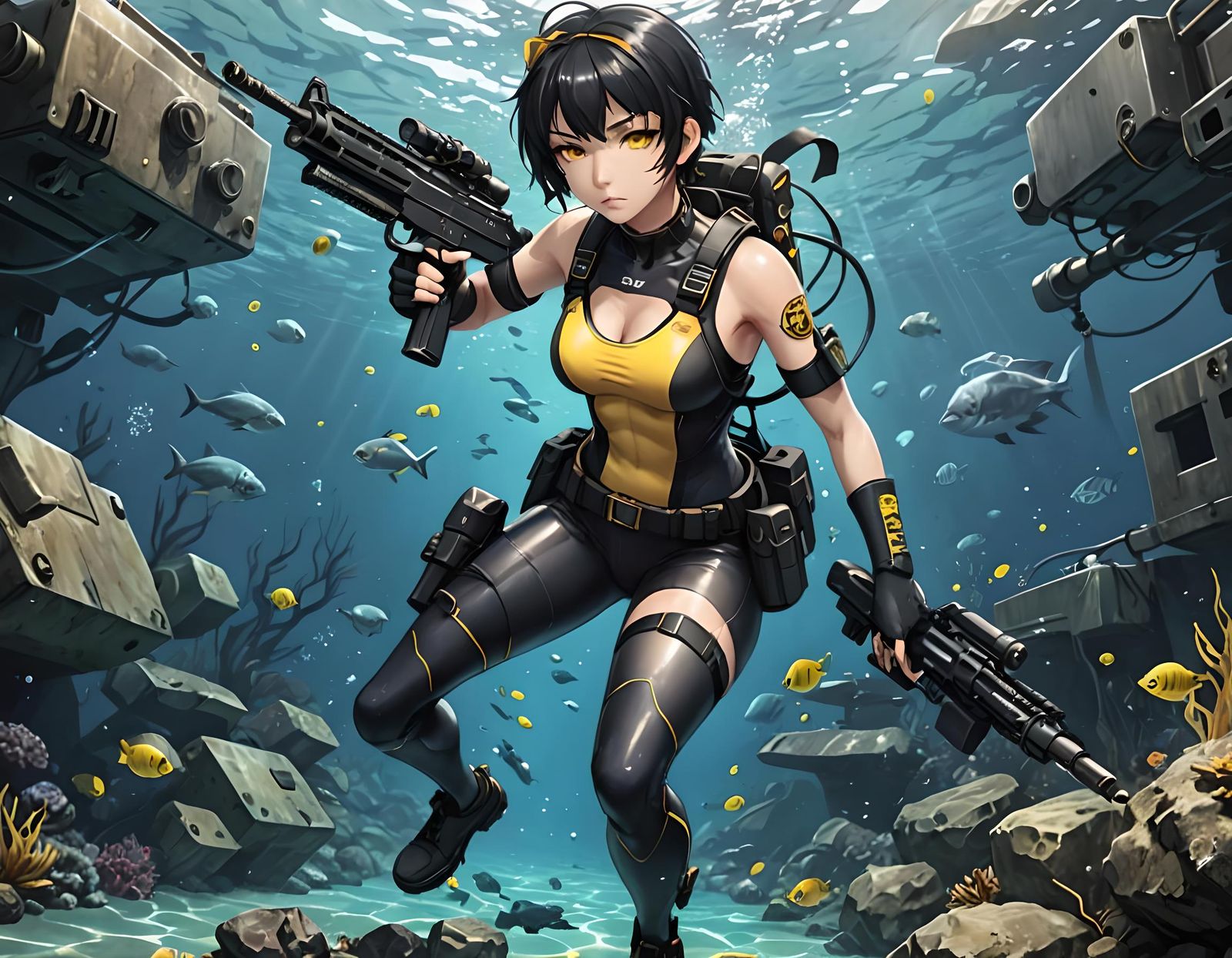 Anime Woman in Tactical Gear Underwater