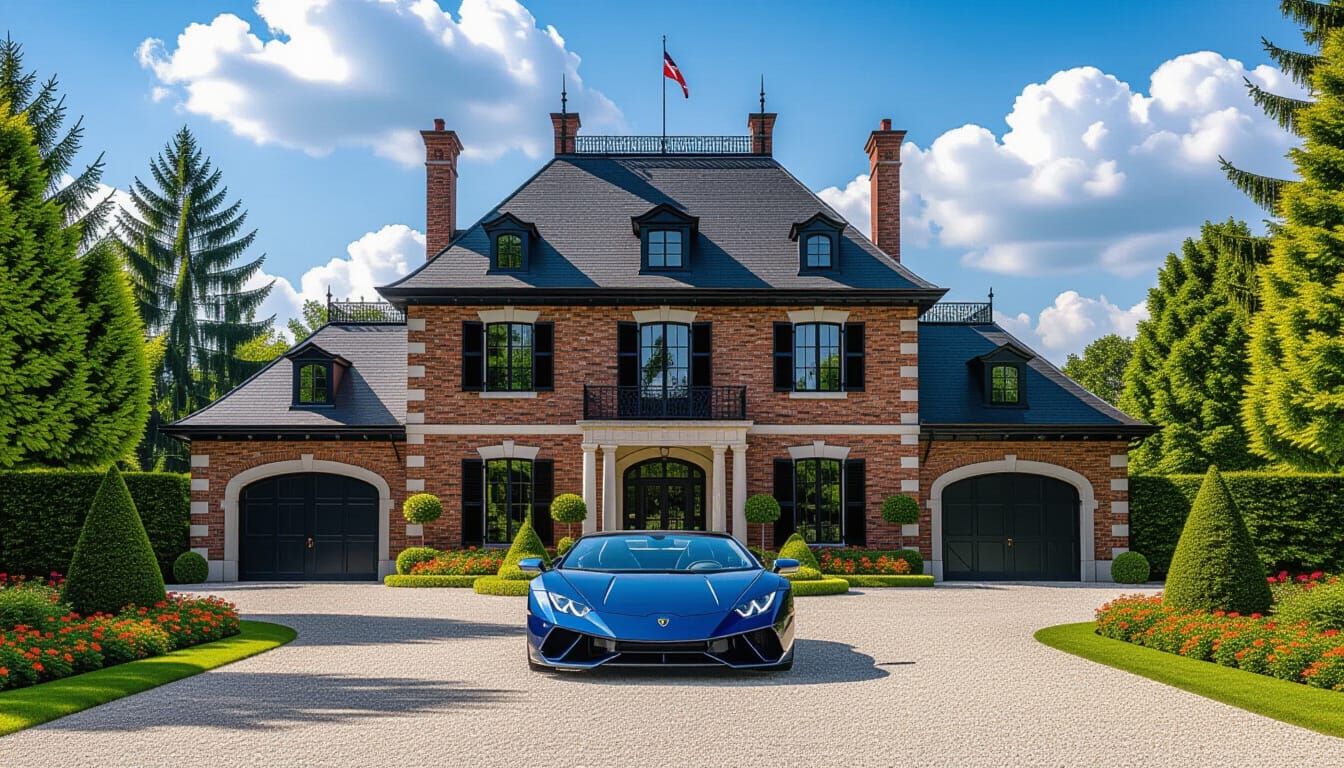 Victorian Chateau with Lamborghini in Summer Garden