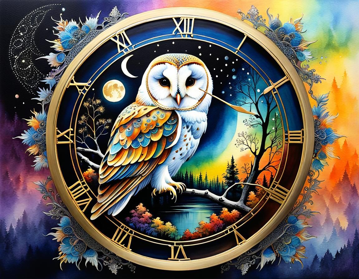 Goldenpunk Barn Owl in Dreamcore Birch Woods