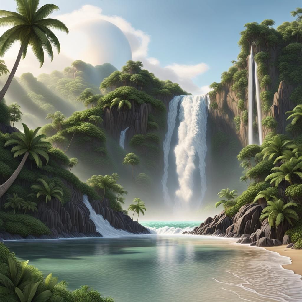 Tropical Island Coastline with Waterfall in Morning Light