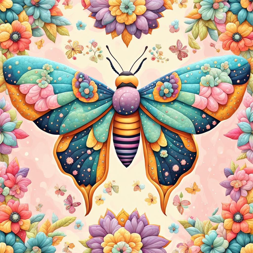 Cute Patchwork Quilt Moth in Pastel Colors