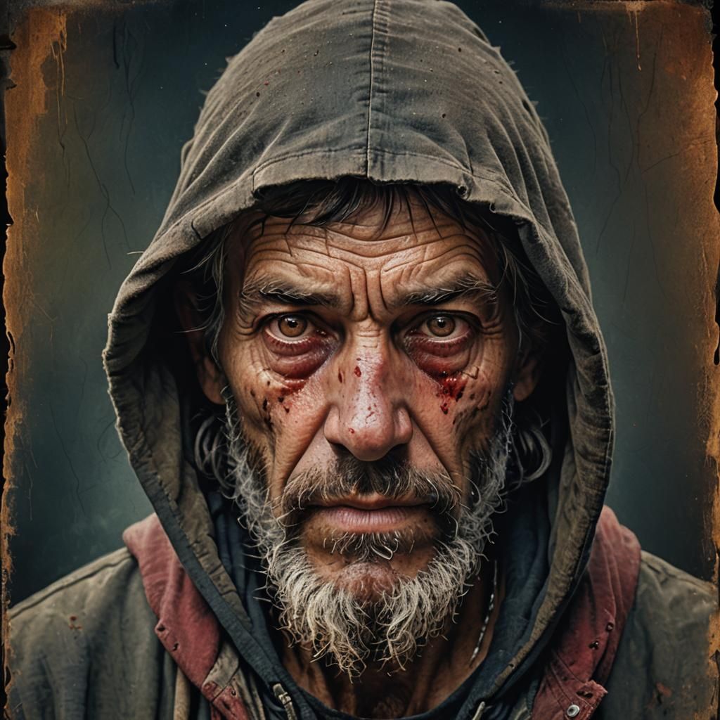 Hyperrealistic Portrait of a Violent Hobo with Bloody Eye