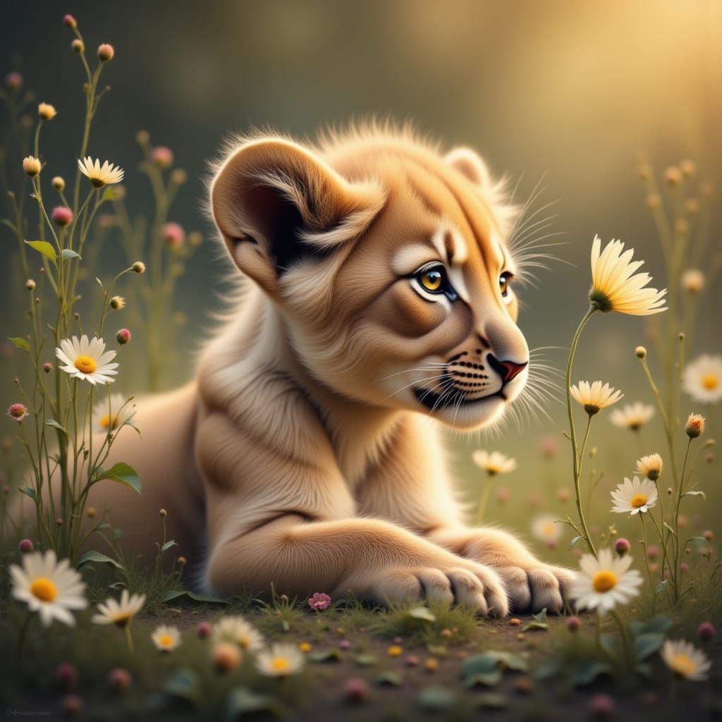 Lion Cub with Flower in Watercolor Style