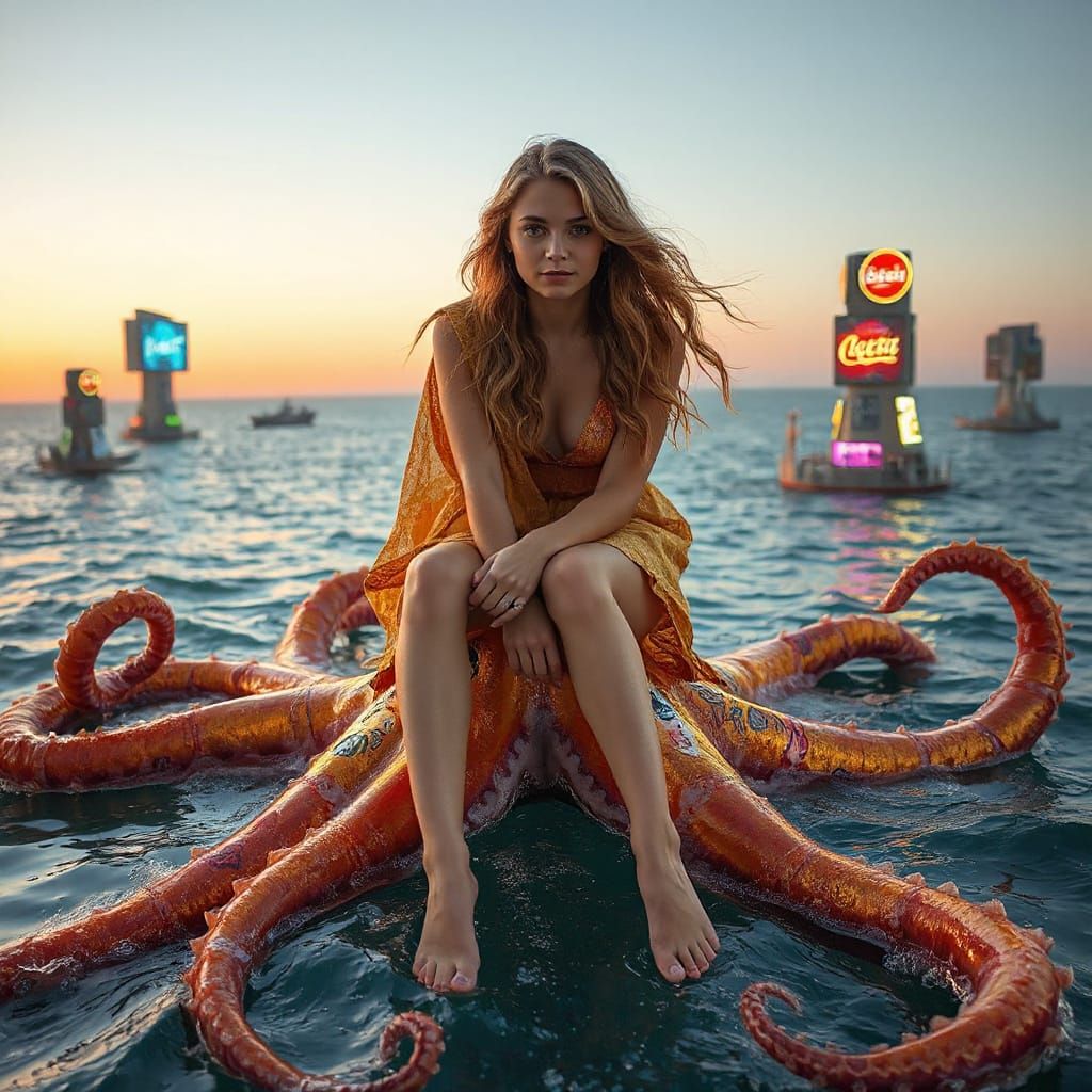 Bohemian Woman on Iridescent Squid in Surreal Soda Sea