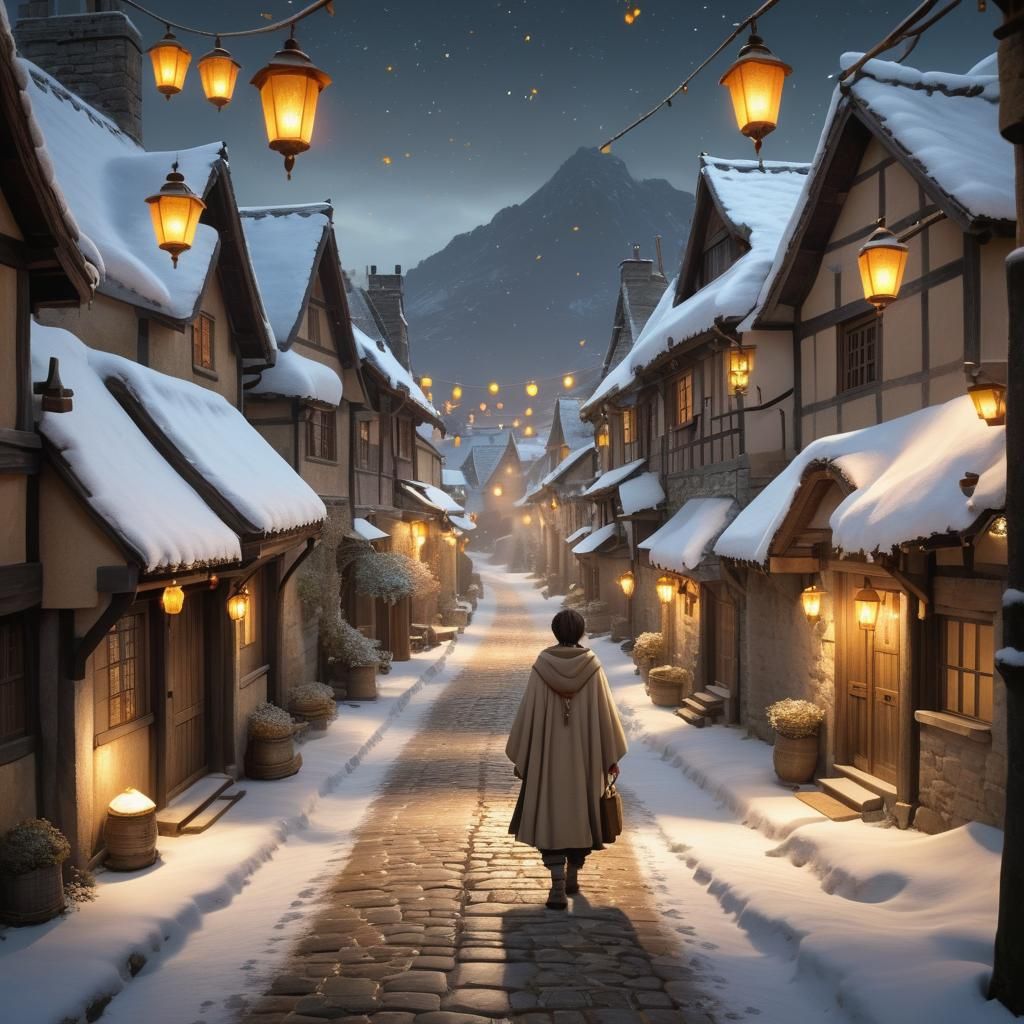 Snowy Medieval Village Street in Anime Style