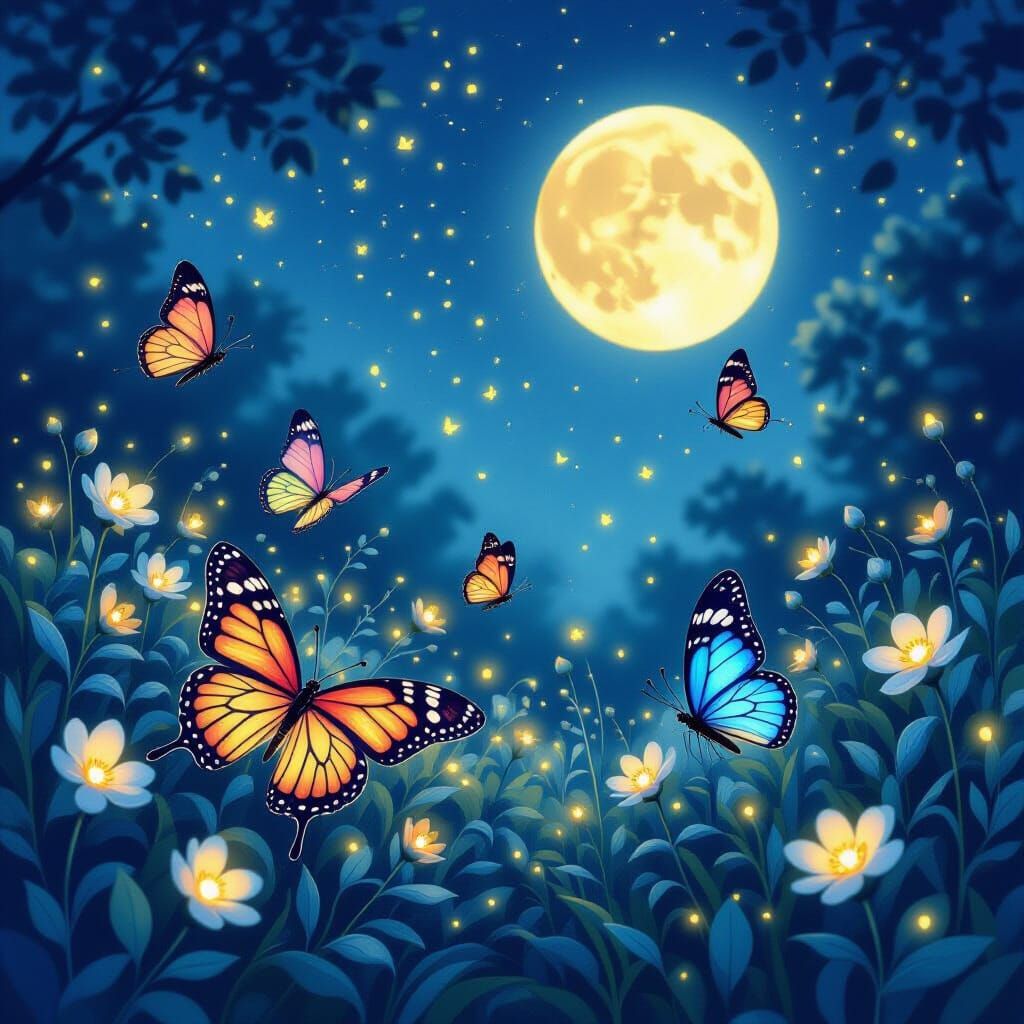 Moonlit Butterflies and Fireflies in Dreamy Garden