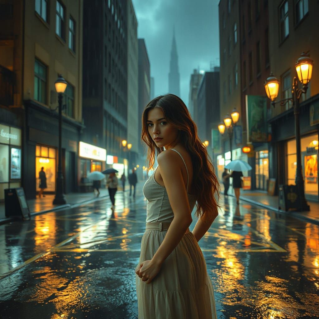 Woman in Neon Rain Cityscape Painting