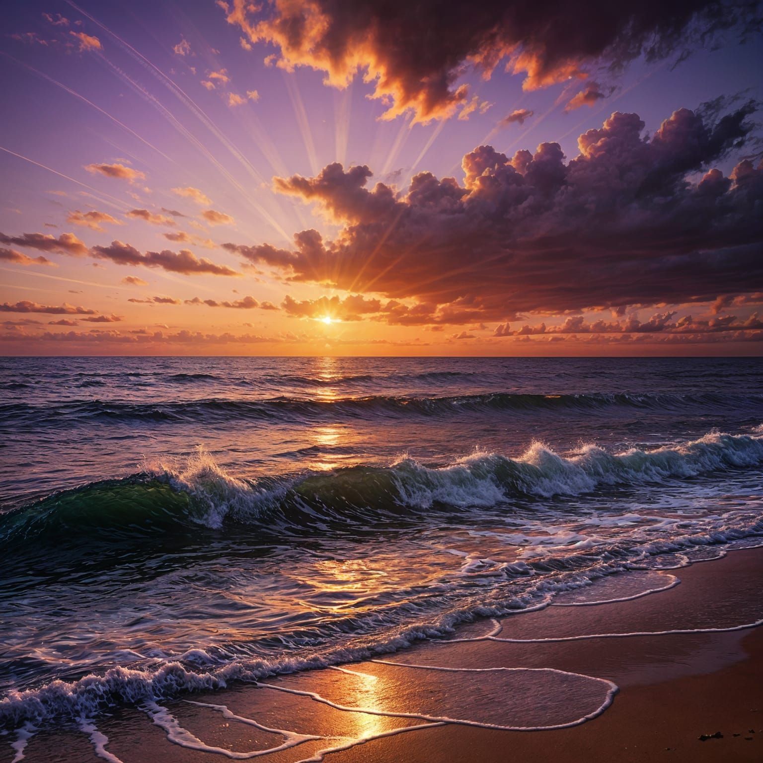 Vibrant Sunset Over Realistic Ocean Waves in Cinematic Reali...