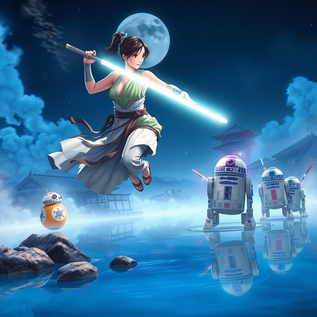 Edo Jedi Leaping with Lightsaber in Ruined Cityscape