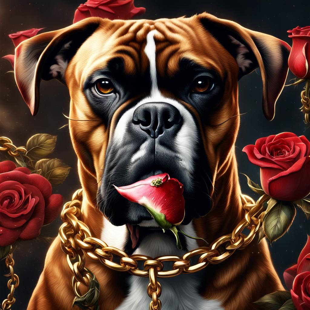 Boxer Dog with Rose: Detailed Fantasy Art