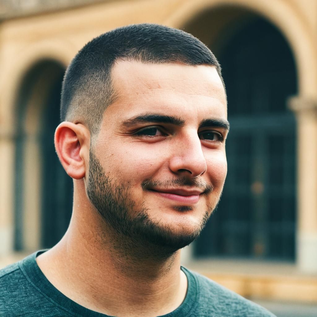 Smiling Man in Urban Setting: Cinematic Portrait