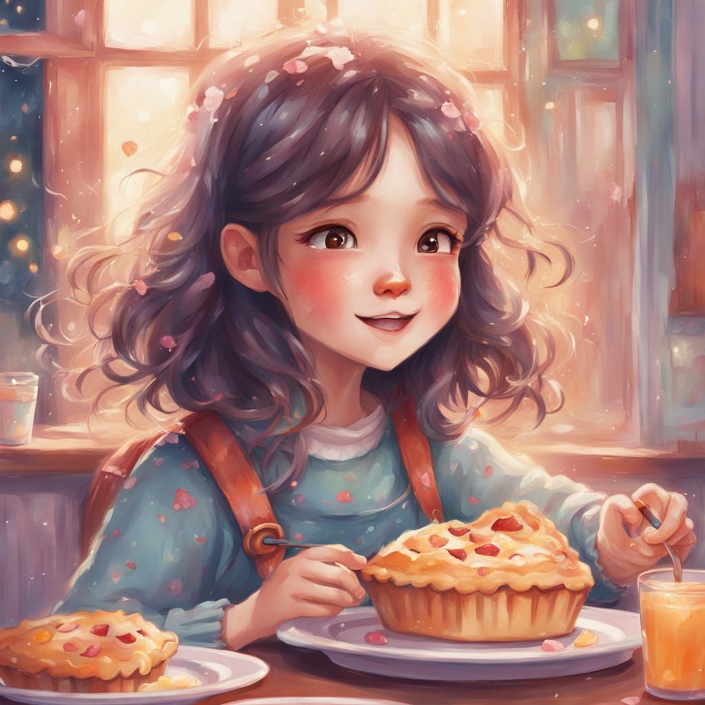 Charming Girl Eating Pie in Pastel Illustration