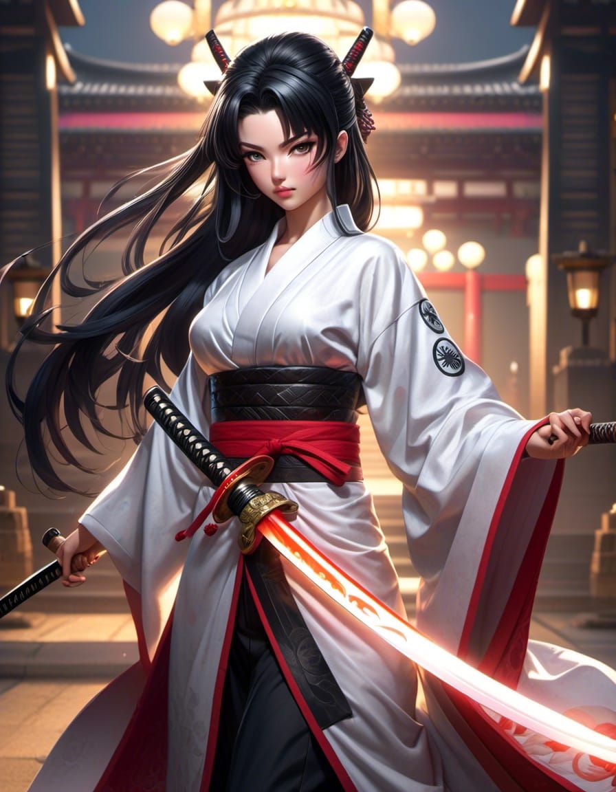 Female Demon Slayer with Katana in Japanese Robe