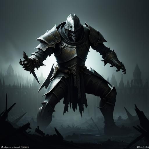 Knight's Battle in Ruined Cathedral: Dark Fantasy Art