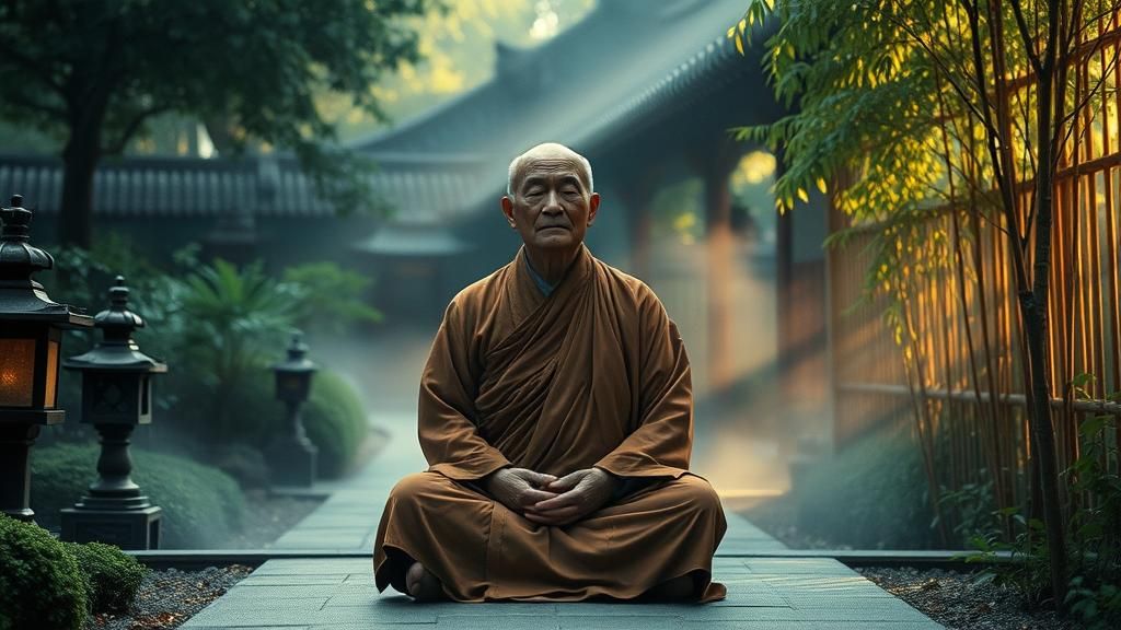 Meditating Buddhist Monk in Zen Garden with Aura