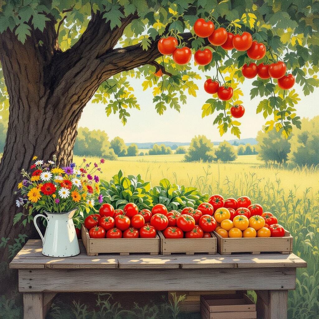 Rustic Farm Stand with Tomatoes in Sunlight